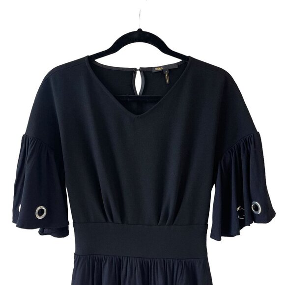 Maje Size M Rotery Grommet Trim Dress Mini LBD Flowy Rocker Bell Sleeve Flare - Picture 8 of 15